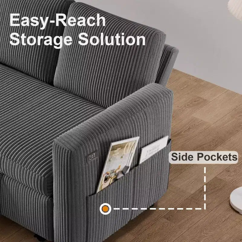 Divano letto a scomparsa 2-in-1 con chaise longue contenitore, velluto a coste, porte USB, per soggiorno