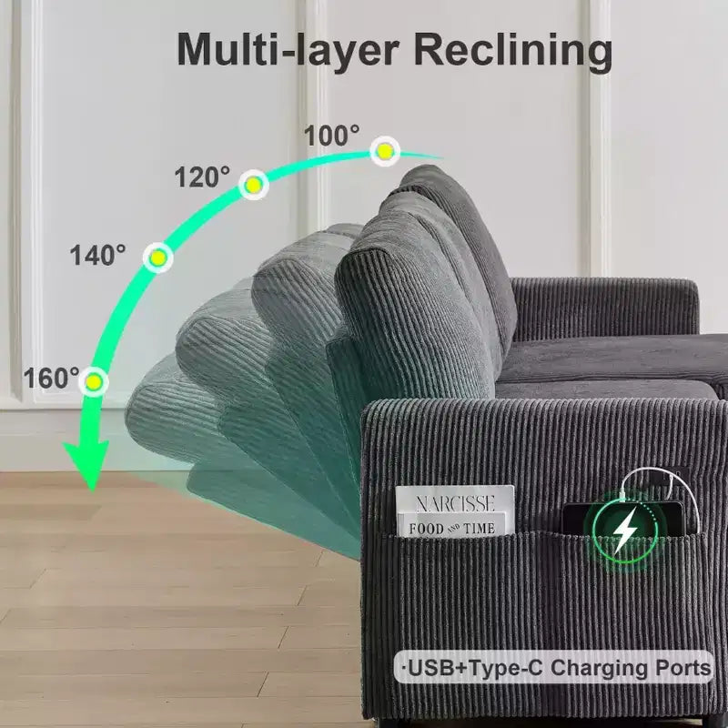 Divano letto a scomparsa 2-in-1 con chaise longue contenitore, velluto a coste, porte USB, per soggiorno