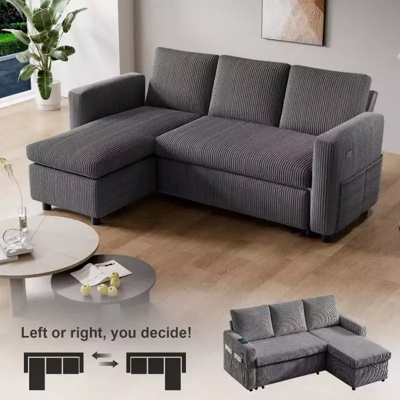 Divano letto a scomparsa 2-in-1 con chaise longue contenitore, velluto a coste, porte USB, per soggiorno