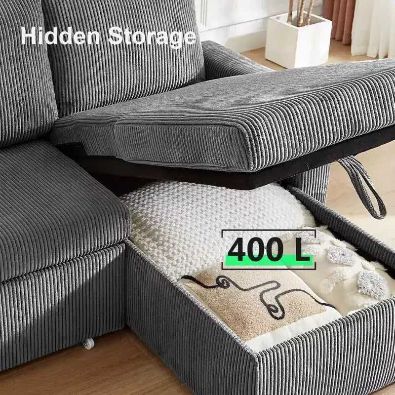 Divano letto a scomparsa 2-in-1 con chaise longue contenitore, velluto a coste, porte USB, per soggiorno