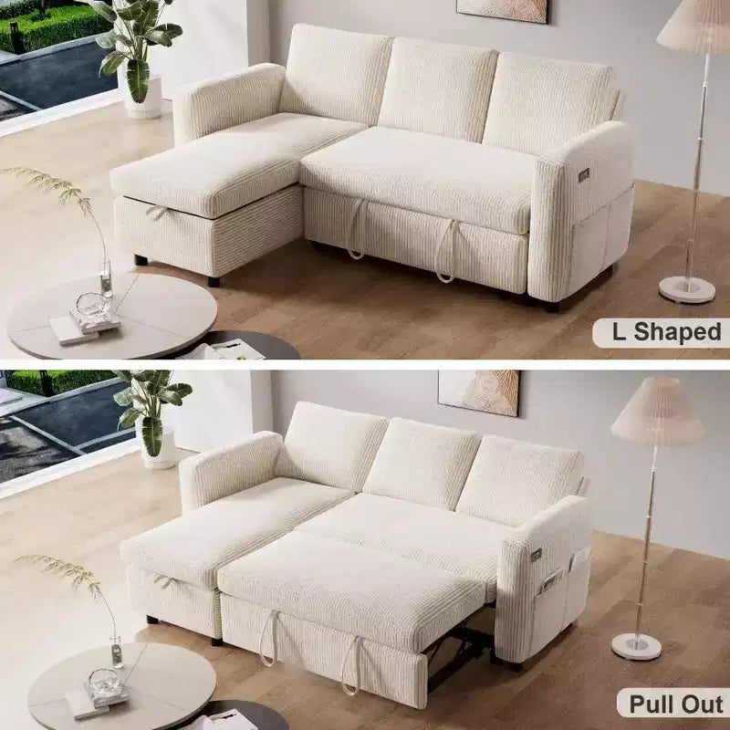 Divano letto a scomparsa 2-in-1 con chaise longue contenitore, velluto a coste, porte USB, per soggiorno