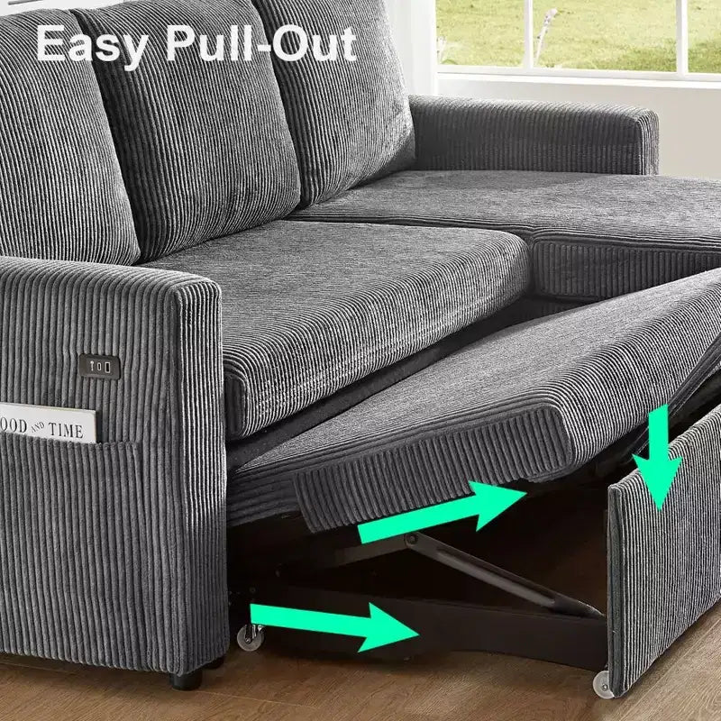 Divano letto a scomparsa 2-in-1 con chaise longue contenitore, velluto a coste, porte USB, per soggiorno
