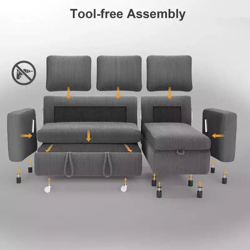 Divano letto a scomparsa 2-in-1 con chaise longue contenitore, velluto a coste, porte USB, per soggiorno