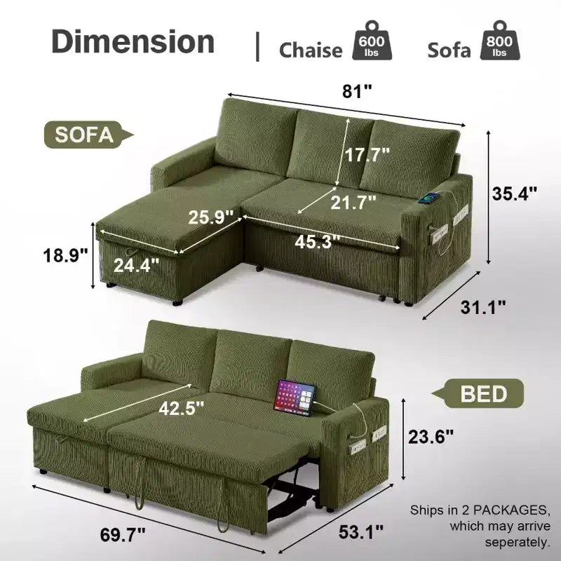 Divano letto a scomparsa 2-in-1 con chaise longue contenitore, velluto a coste, porte USB, per soggiorno