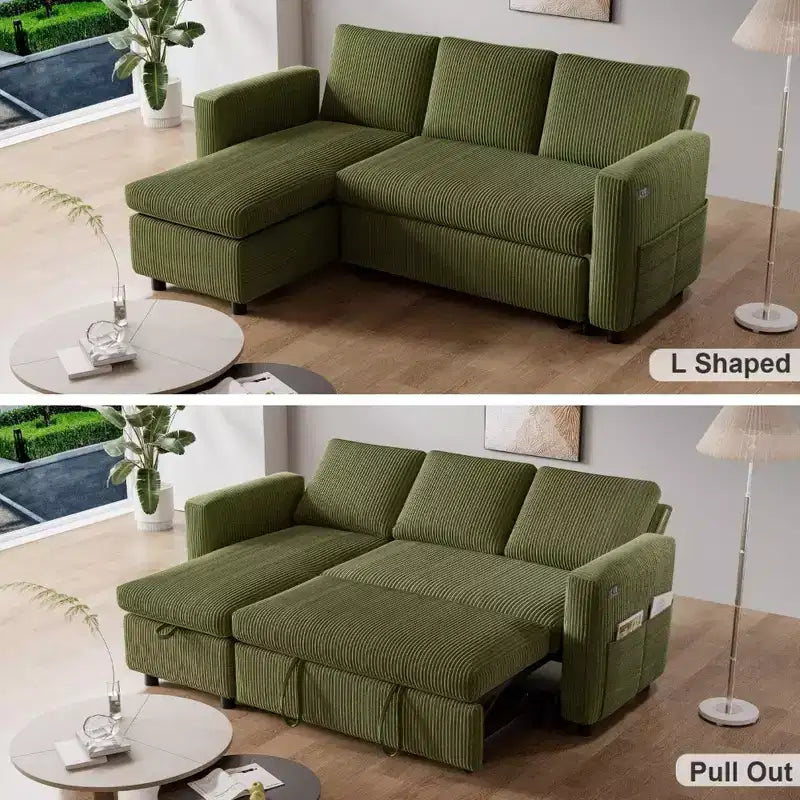 Divano letto a scomparsa 2-in-1 con chaise longue contenitore, velluto a coste, porte USB, per soggiorno