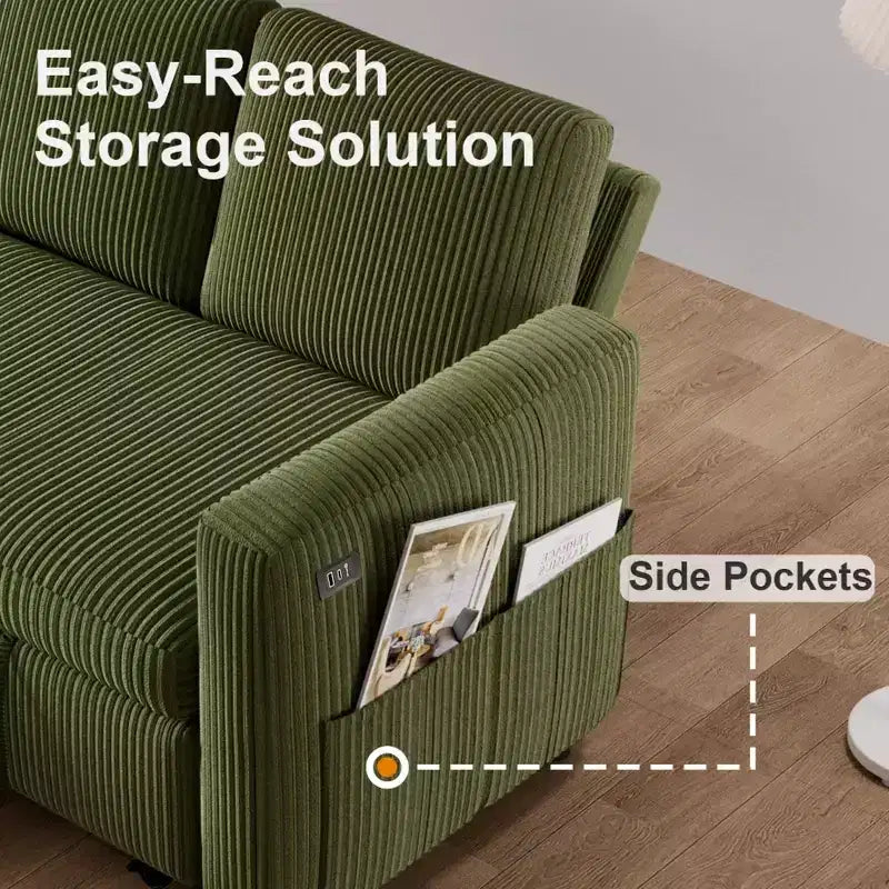 Divano letto a scomparsa 2-in-1 con chaise longue contenitore, velluto a coste, porte USB, per soggiorno