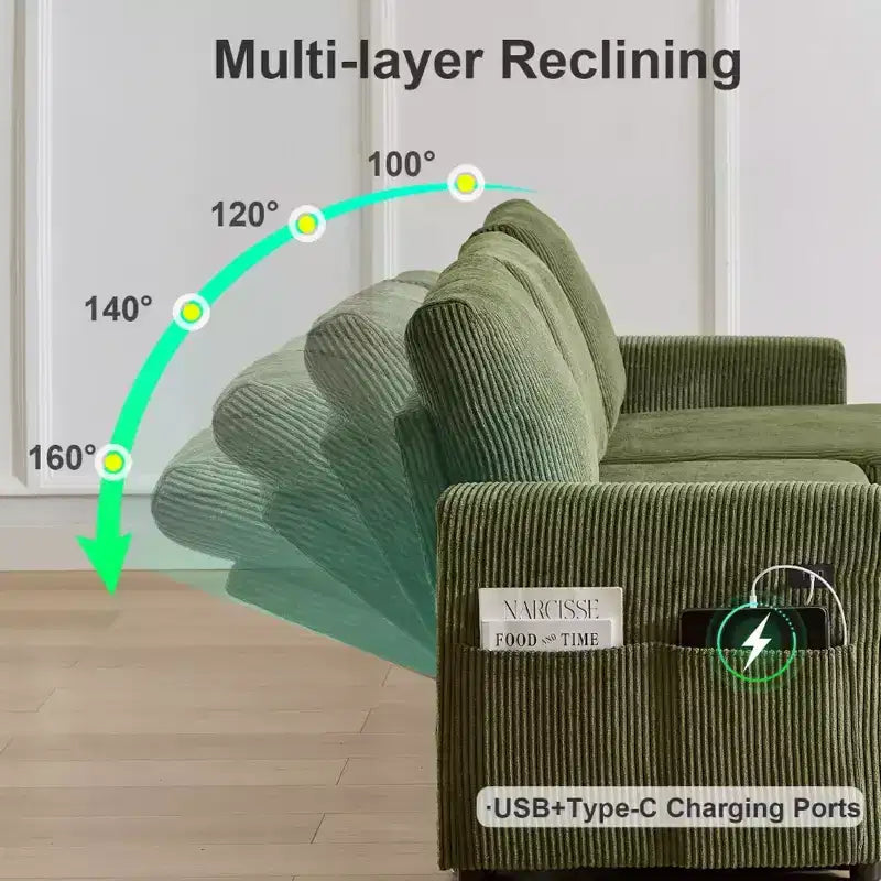Divano letto a scomparsa 2-in-1 con chaise longue contenitore, velluto a coste, porte USB, per soggiorno