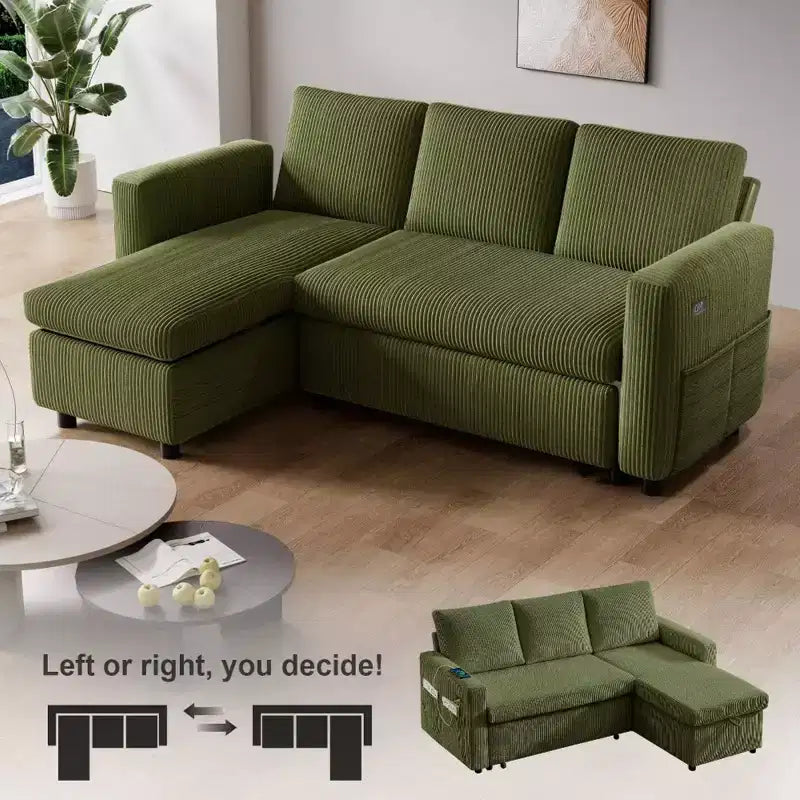 Divano letto a scomparsa 2-in-1 con chaise longue contenitore, velluto a coste, porte USB, per soggiorno