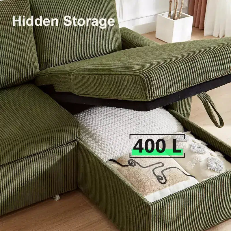 Divano letto a scomparsa 2-in-1 con chaise longue contenitore, velluto a coste, porte USB, per soggiorno