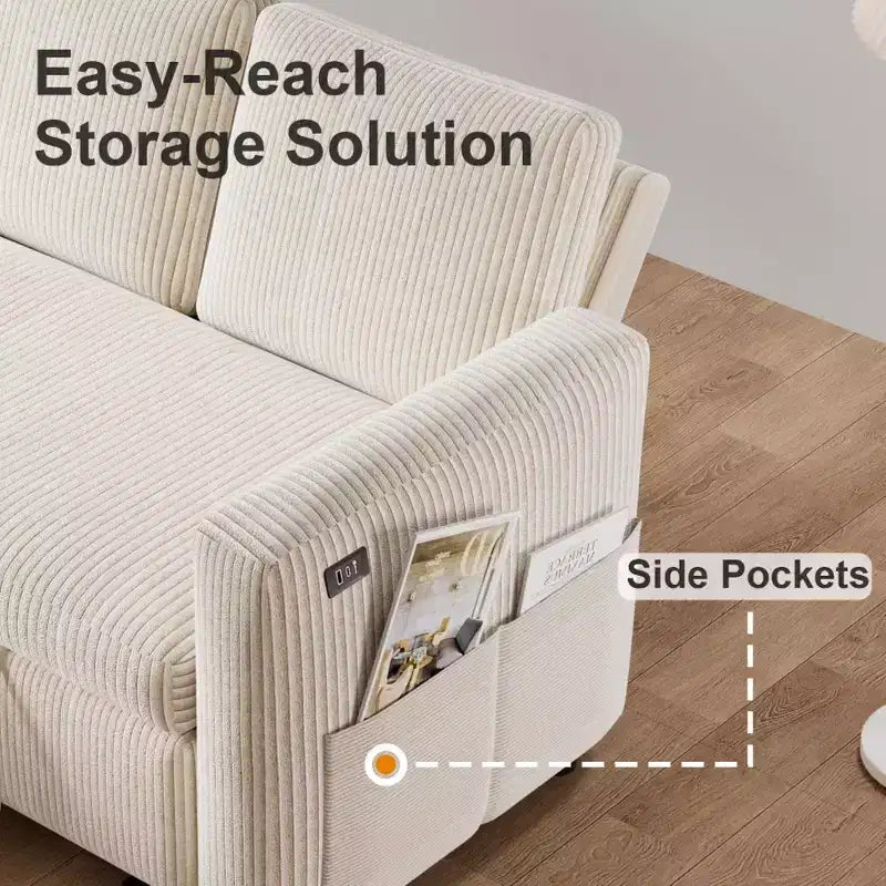 Divano letto a scomparsa 2-in-1 con chaise longue contenitore, velluto a coste, porte USB, per soggiorno