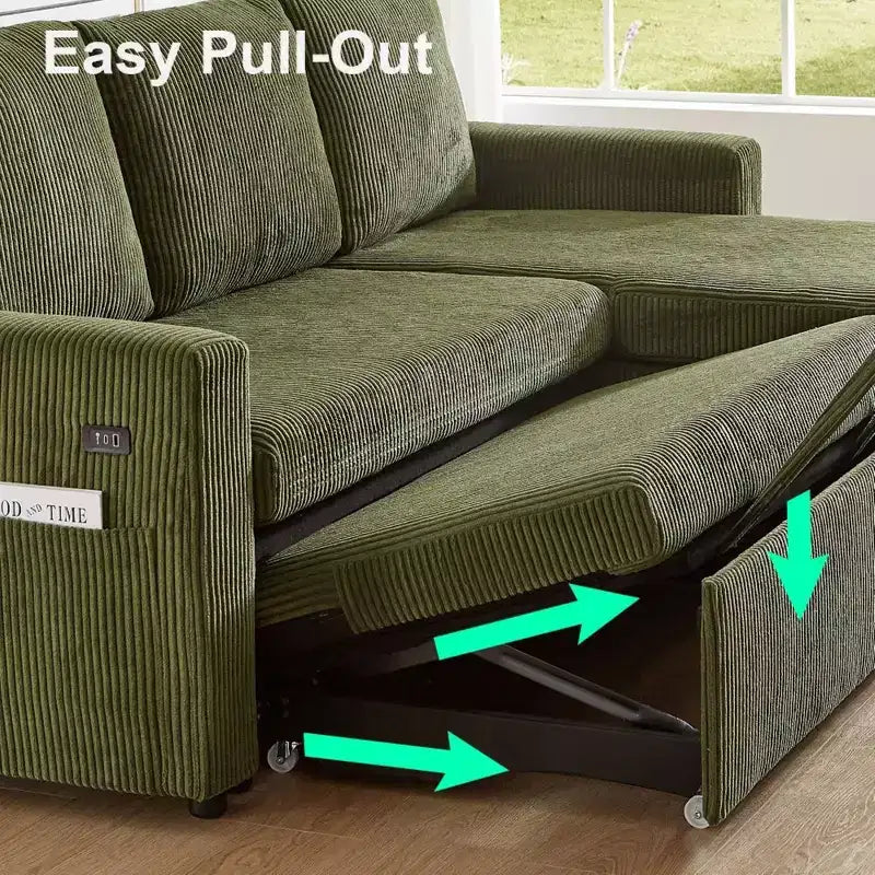 Divano letto a scomparsa 2-in-1 con chaise longue contenitore, velluto a coste, porte USB, per soggiorno