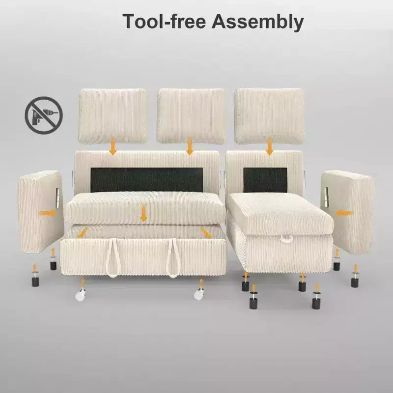 Divano letto a scomparsa 2-in-1 con chaise longue contenitore, velluto a coste, porte USB, per soggiorno