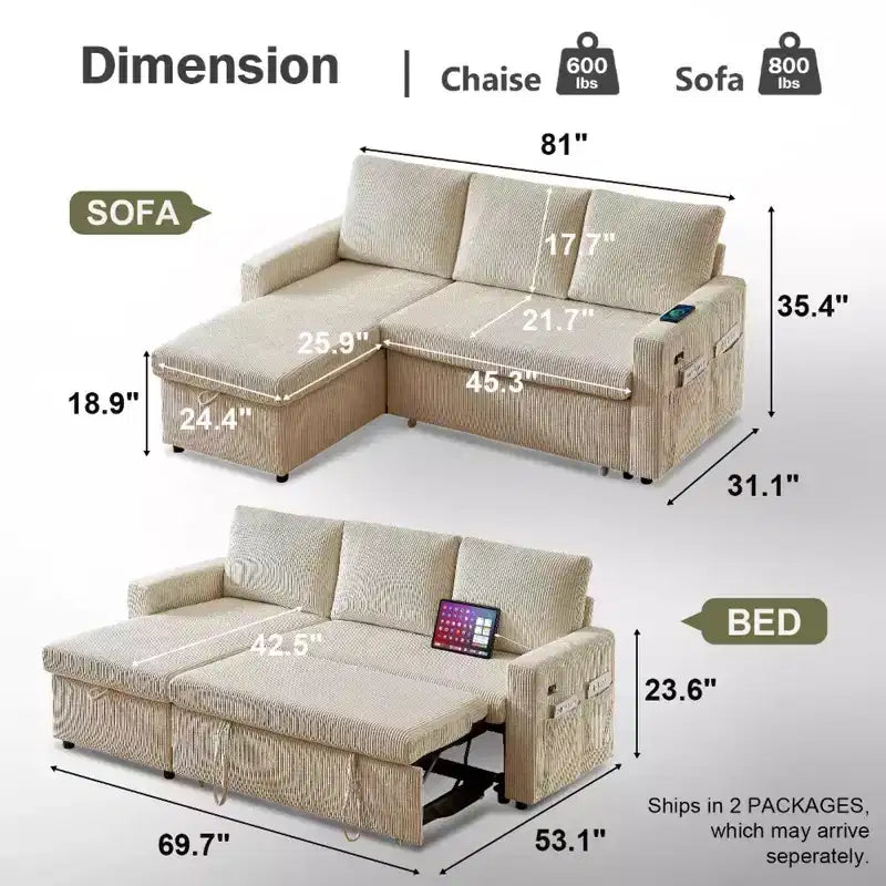 Divano letto a scomparsa 2-in-1 con chaise longue contenitore, velluto a coste, porte USB, per soggiorno