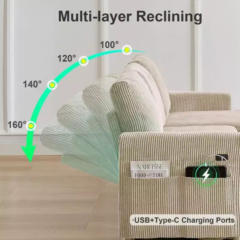 Divano letto a scomparsa 2-in-1 con chaise longue contenitore, velluto a coste, porte USB, per soggiorno