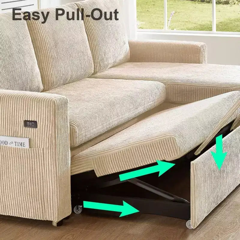 Divano letto a scomparsa 2-in-1 con chaise longue contenitore, velluto a coste, porte USB, per soggiorno
