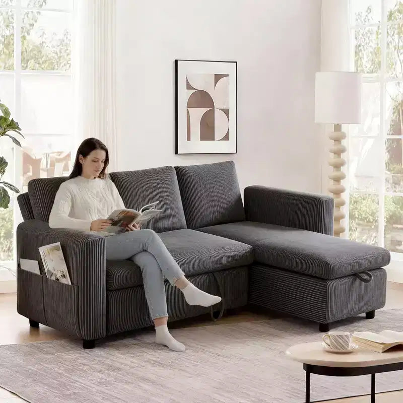 Divano letto a scomparsa 2-in-1 con chaise longue contenitore, velluto a coste, porte USB, per soggiorno