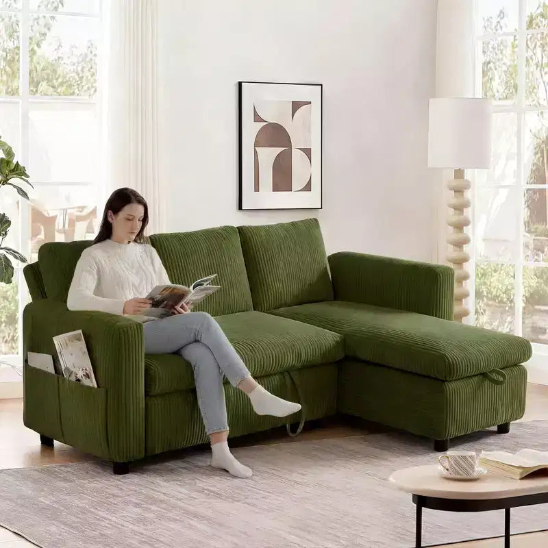 Divano letto a scomparsa 2-in-1 con chaise longue contenitore, velluto a coste, porte USB, per soggiorno