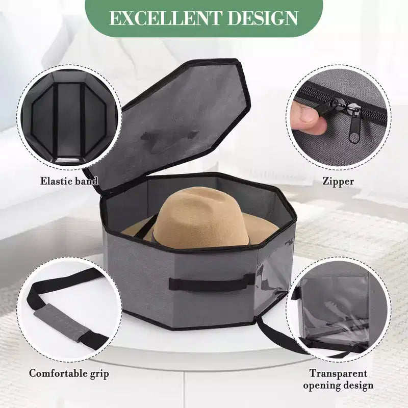 Confezione da 3 Scatole Porta Cappelli Pieghevoli Grigie con Maniglie e Tracolla, Organizer Grande Antipolvere per Cappelli da Cowboy, Fedora e da Sole