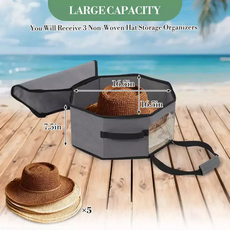 Confezione da 3 Scatole Porta Cappelli Pieghevoli Grigie con Maniglie e Tracolla, Organizer Grande Antipolvere per Cappelli da Cowboy, Fedora e da Sole