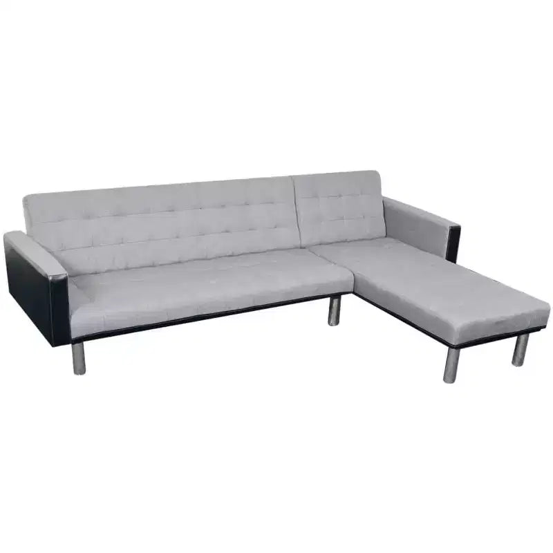 Divano sezionale a 3 posti, tessuto in poliestere nero e grigio, struttura in legno massello, design moderno