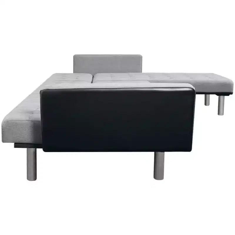 Divano sezionale a 3 posti, tessuto in poliestere nero e grigio, struttura in legno massello, design moderno