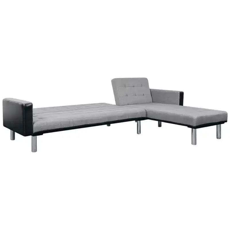 Divano sezionale a 3 posti, tessuto in poliestere nero e grigio, struttura in legno massello, design moderno