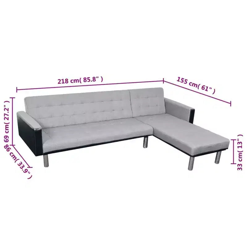 Divano sezionale a 3 posti, tessuto in poliestere nero e grigio, struttura in legno massello, design moderno