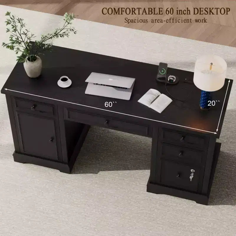 Scrivania da computer rustica da 60" con stazione di ricarica, cassetto e armadietto, in legno