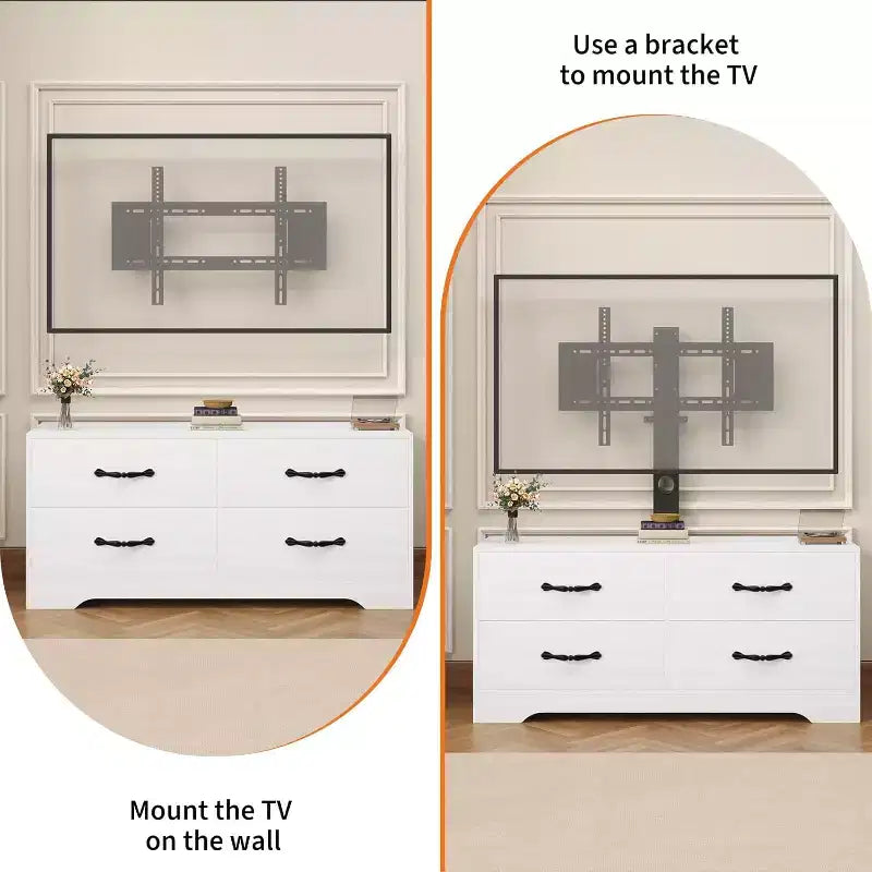 Mobile TV con supporto per TV da 32-75 pollici, mobile consolle moderno con 4 ampi cassetti, comò bianco con centro di intrattenimento e contenitore