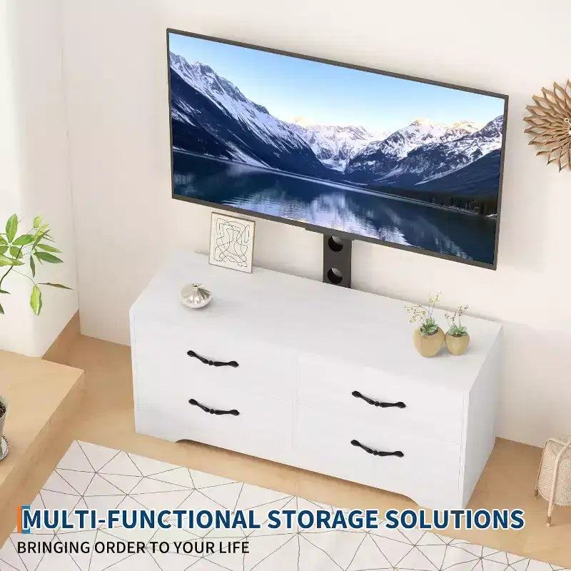 Mobile TV con supporto per TV da 32-75 pollici, mobile consolle moderno con 4 ampi cassetti, comò bianco con centro di intrattenimento e contenitore