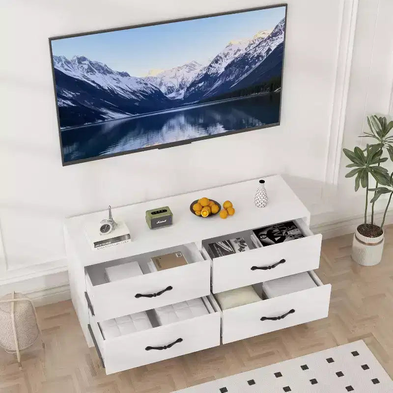 Mobile TV con supporto per TV da 32-75 pollici, mobile consolle moderno con 4 ampi cassetti, comò bianco con centro di intrattenimento e contenitore