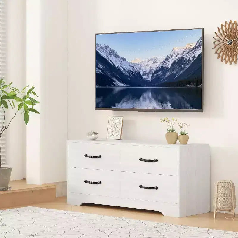 Mobile TV con supporto per TV da 32-75 pollici, mobile consolle moderno con 4 ampi cassetti, comò bianco con centro di intrattenimento e contenitore