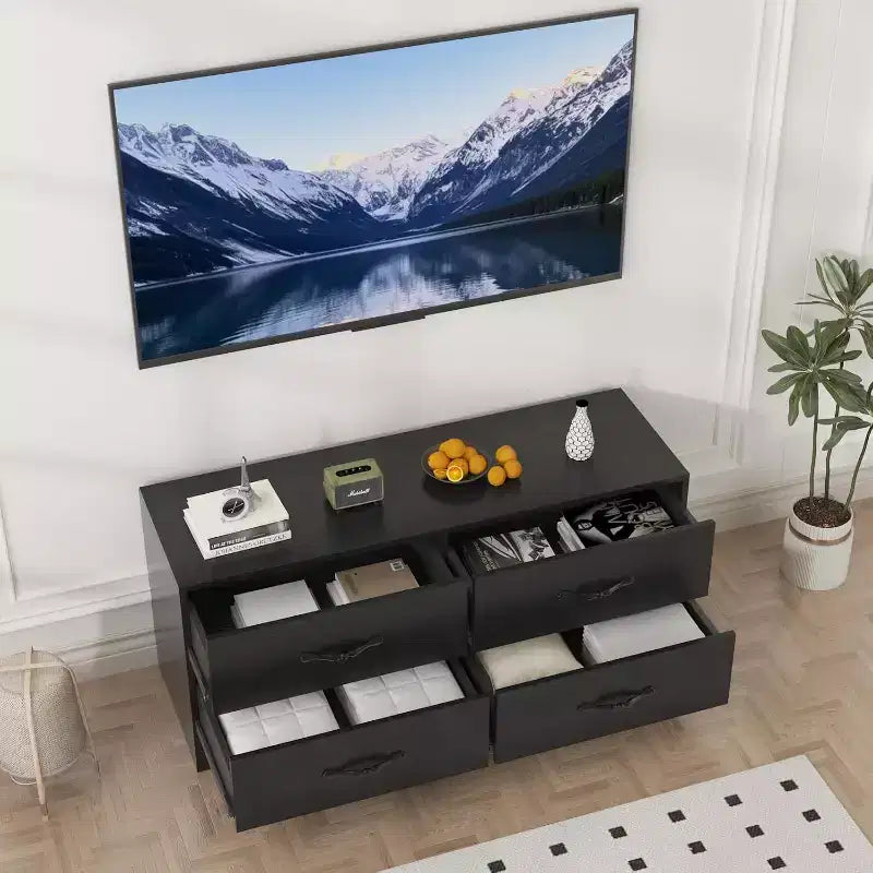 Mobile TV con supporto per TV da 32-75 pollici, mobile consolle moderno con 4 ampi cassetti, comò bianco con centro di intrattenimento e contenitore