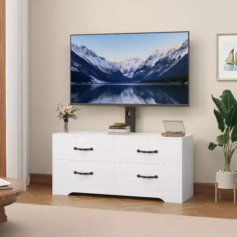 Mobile TV con supporto per TV da 32-75 pollici, mobile consolle moderno con 4 ampi cassetti, comò bianco con centro di intrattenimento e contenitore