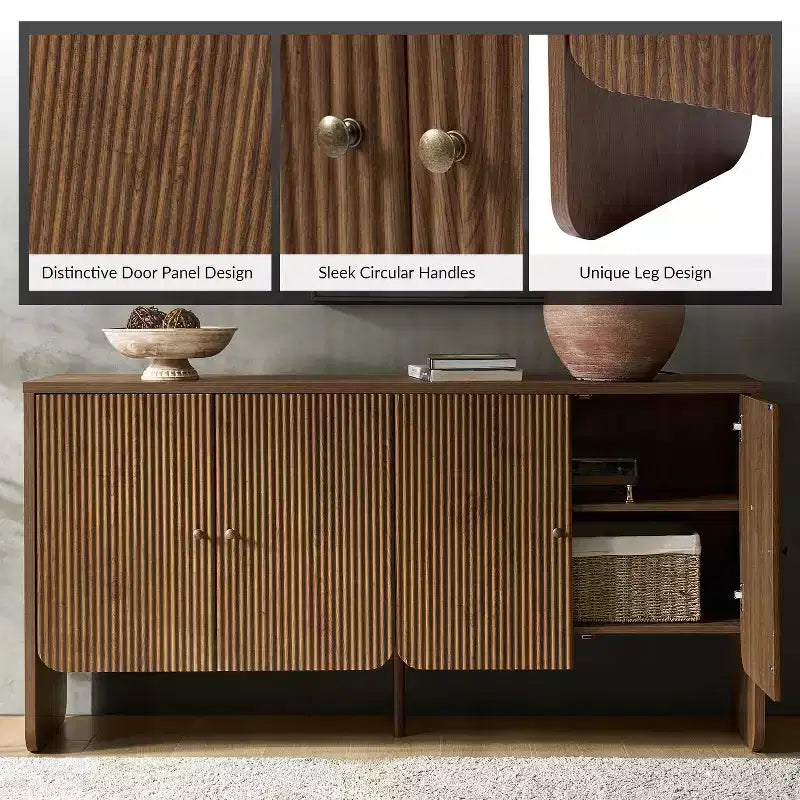 Credenza a 4 ante larga 160 cm, finitura Acorn, mobile contenitore in stile rustico per soggiorno e sala da pranzo