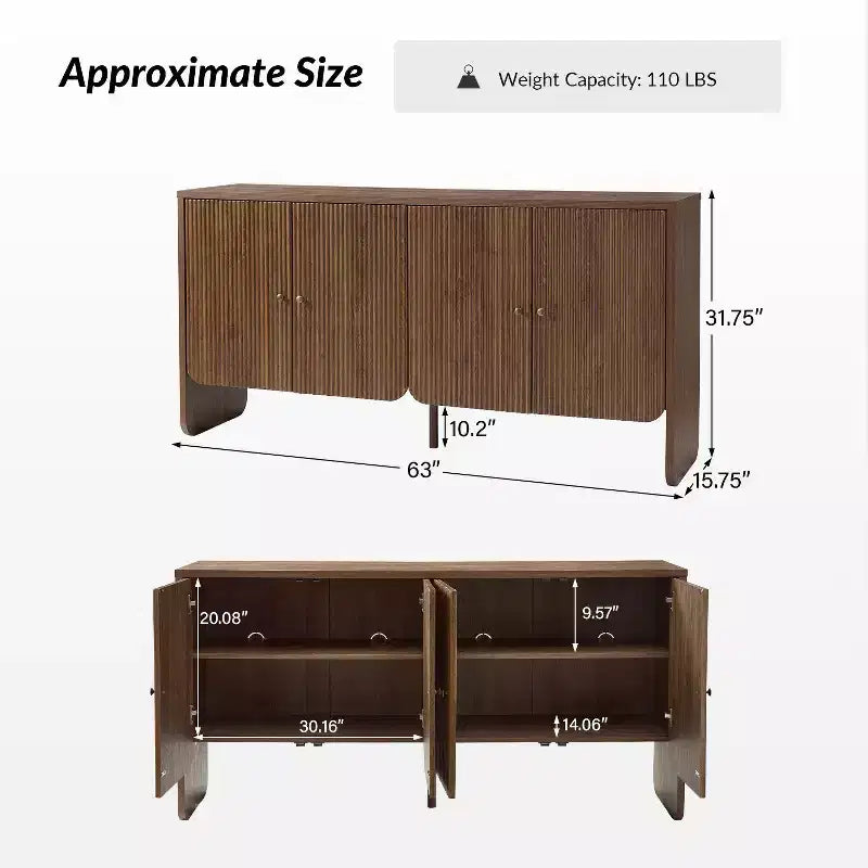 Credenza a 4 ante larga 160 cm, finitura Acorn, mobile contenitore in stile rustico per soggiorno e sala da pranzo