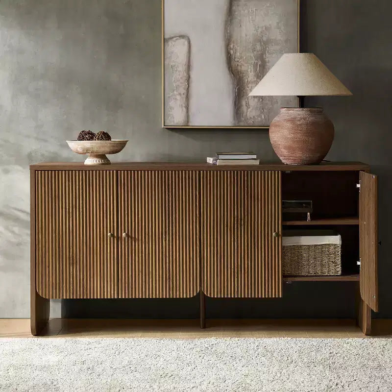 Credenza a 4 ante larga 160 cm, finitura Acorn, mobile contenitore in stile rustico per soggiorno e sala da pranzo