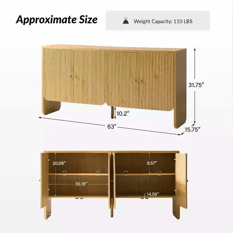 Credenza a 4 ante larga 160 cm, finitura Acorn, mobile contenitore in stile rustico per soggiorno e sala da pranzo