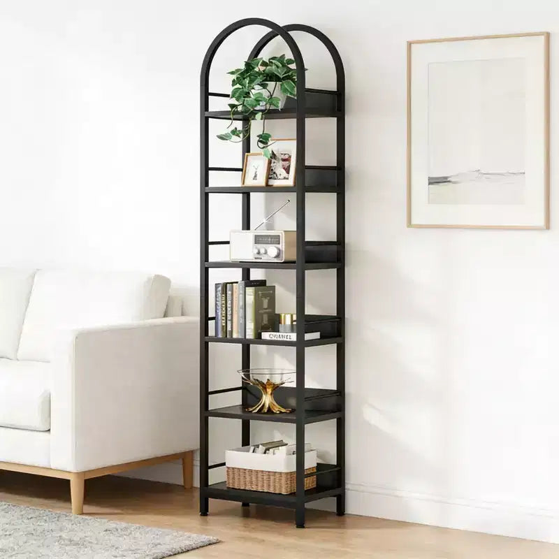 NAYSAYE Arched Corner Bookshelf 6 Tier Metal Wood Display Shelf Compact Storage Rack for Living Room Office, Black, 17.34*11.82*78.8