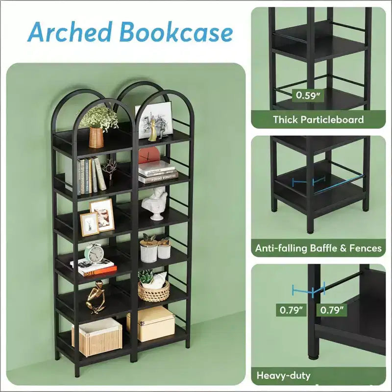 Libreria ad arco angolare a 6 ripiani, scaffale espositivo in metallo e legno, 200 cm H, nero