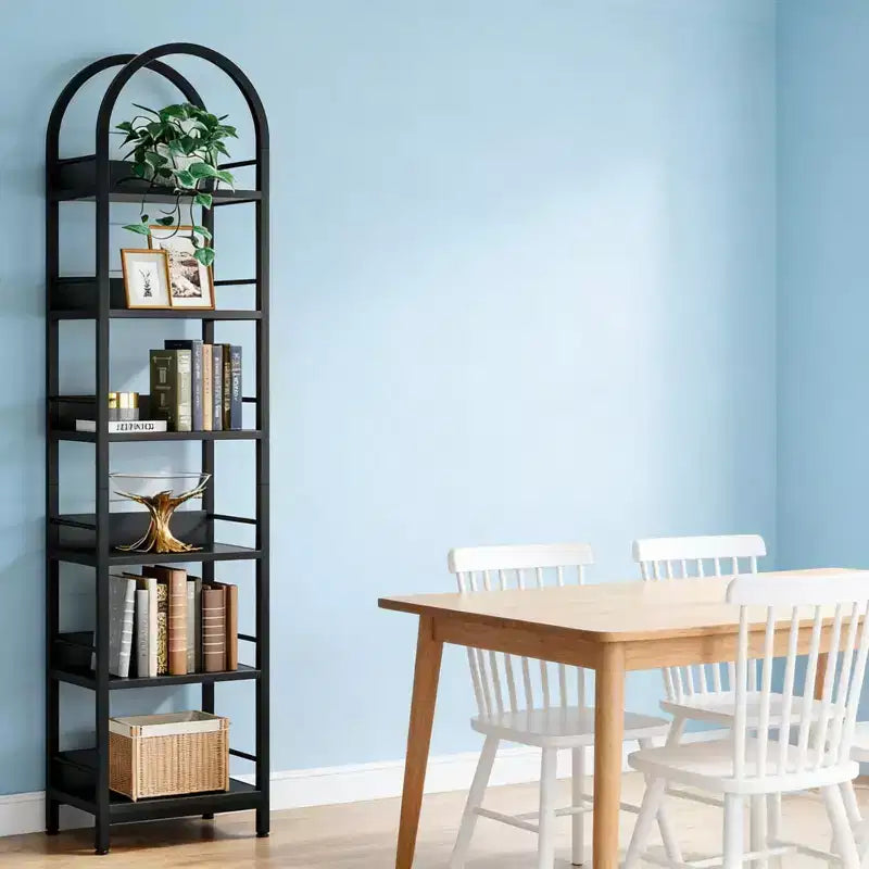 Libreria ad arco angolare a 6 ripiani, scaffale espositivo in metallo e legno, 200 cm H, nero