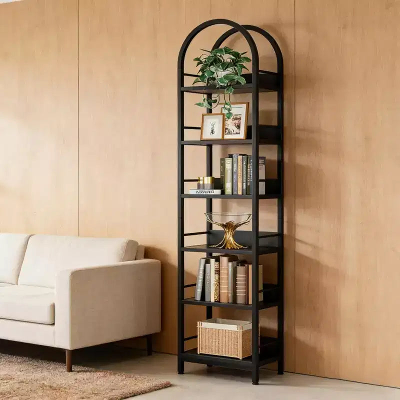 Libreria ad arco angolare a 6 ripiani, scaffale espositivo in metallo e legno, 200 cm H, nero