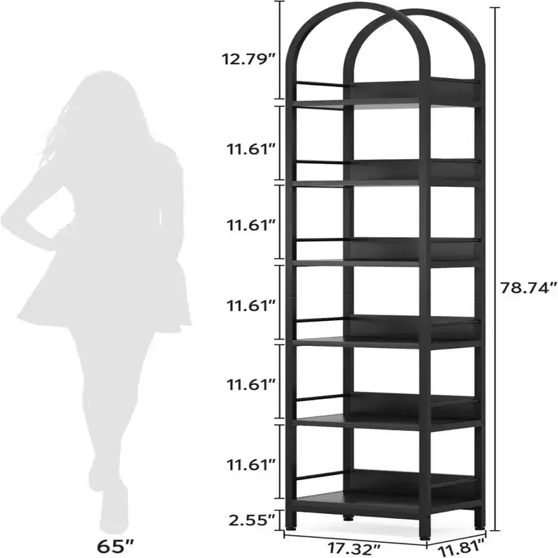 Libreria ad arco angolare a 6 ripiani, scaffale espositivo in metallo e legno, 200 cm H, nero