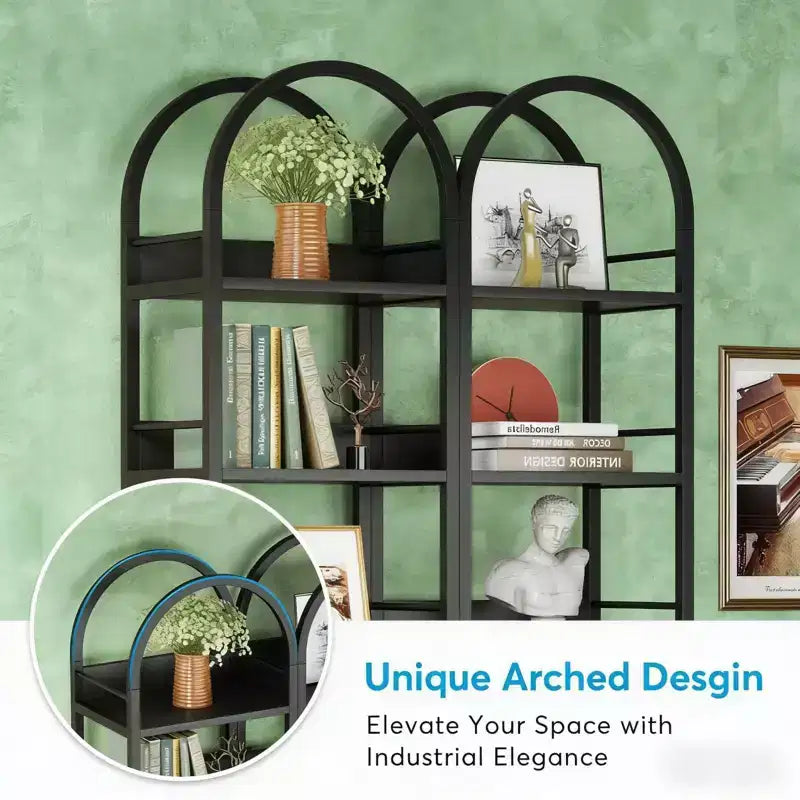 Libreria ad arco angolare a 6 ripiani, scaffale espositivo in metallo e legno, 200 cm H, nero