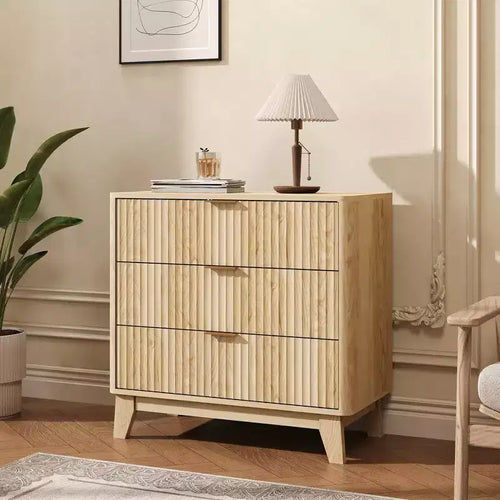Comodino a 3 cassetti scanalati, comodino moderno in legno con ampio spazio di archiviazione per la camera da letto