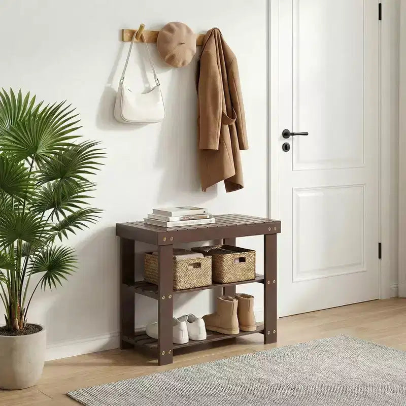 Panca Scarpiera con 3 Ripiani, Panca da Ingresso in Legno con Portata fino a 130 kg, Organizzatore per Camera da Letto, Soggiorno, Ingresso