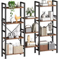 Qwatto Brown Triple 4 Tier Bookshelf 11 Open Display Shelves Wood Metal Storage Organizer Industrial Wide Shelving Unit Home Office Etagere Bookcase