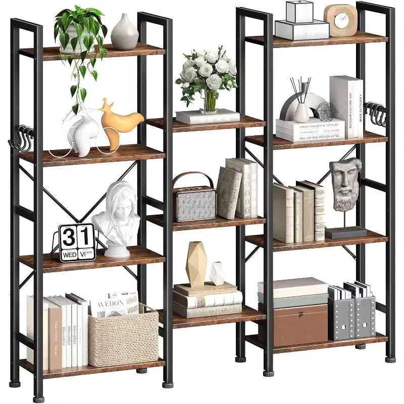 Qwatto Brown Triple 4 Tier Bookshelf 11 Open Display Shelves Wood Metal Storage Organizer Industrial Wide Shelving Unit Home Office Etagere Bookcase