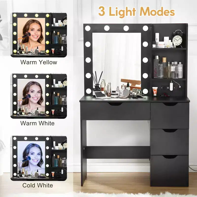Toeletta per il trucco con cassetti, Tavolo da trucco bianco con specchio e luci in 3 colori