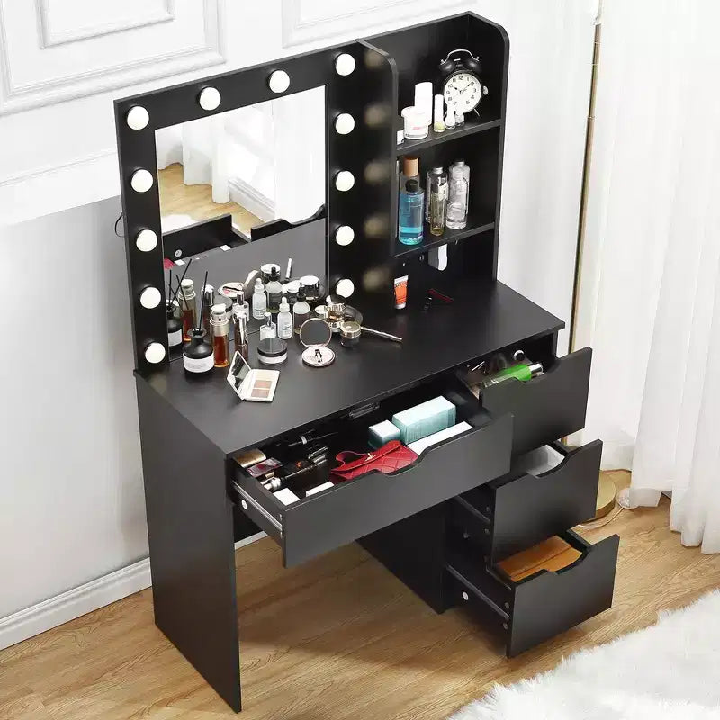 Toeletta per il trucco con cassetti, Tavolo da trucco bianco con specchio e luci in 3 colori